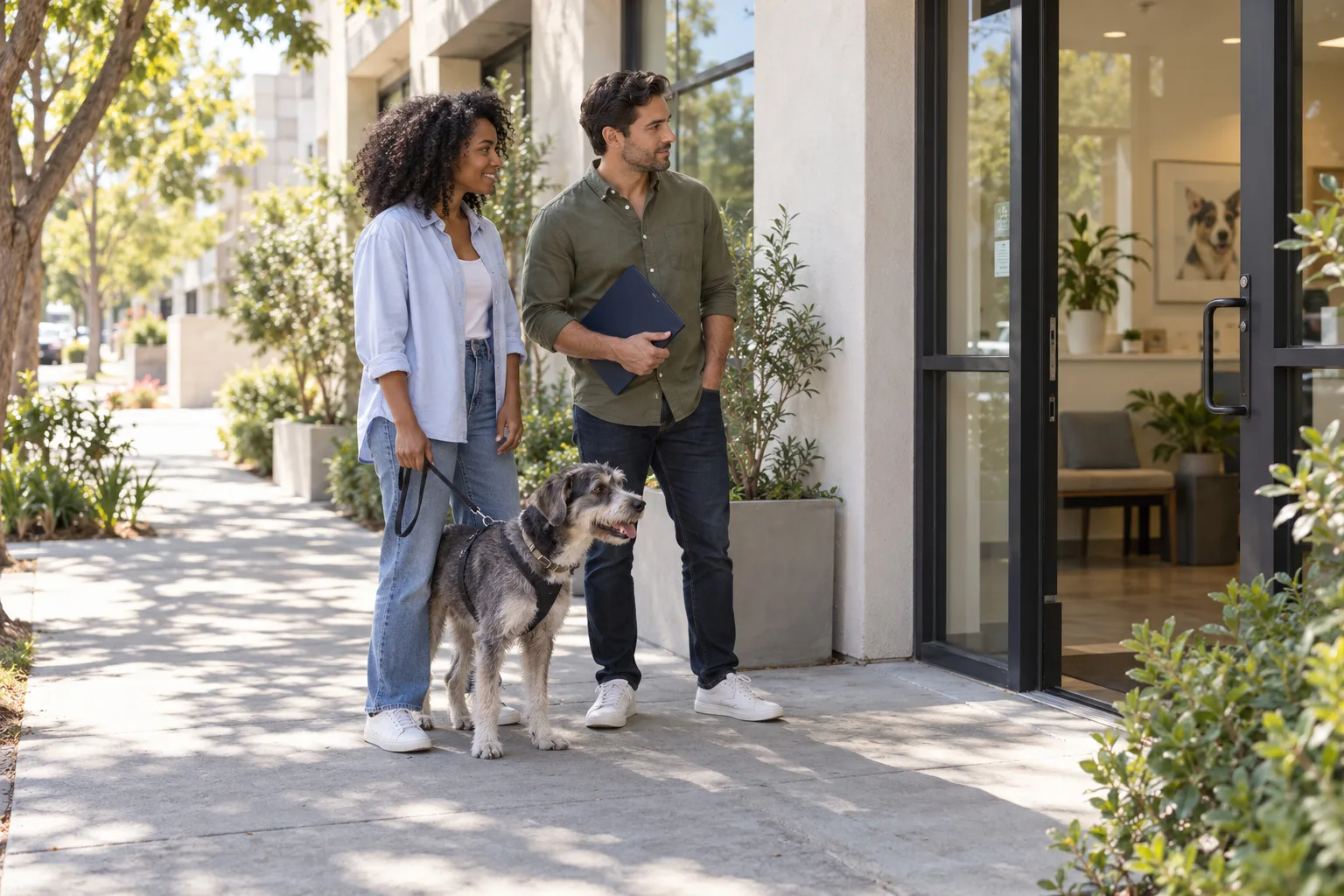 Two owners and a dog outside an illustrative neighborhood veterinary clinic